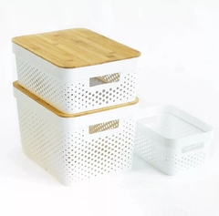 Canasto Organizador Caja Plástico Tapa Madera Baño Small