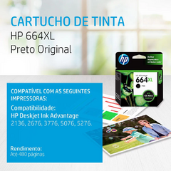 Cartucho HP 664XL preto Original (F6V31AB) Para HP DeskJet Ink Advantage 4535, 4675, 3835, 1115, 2135, 3635, 2675, 3775, na internet