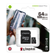 Cartão Memória Micro Sd Kingston 64gb MicroSd 100Mbs e Adaptador Modelo: Canvas Select Plus