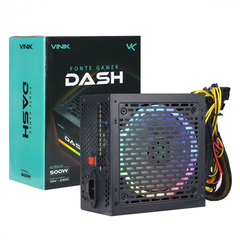 FONTE GAMER DASH 500W VINIK PRETO COM FAN LED RGB - VFG500WPR fan de 120mm, LED RGB - Entrada: 110-230V