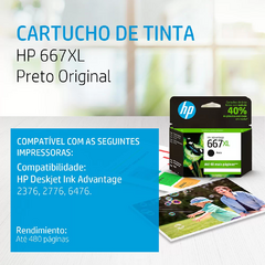 Cartucho HP 667XL Preto Original (3YM81AB) Para HP Deskjet 2376, 2774, 2776, 6476 CX 1 UN na internet
