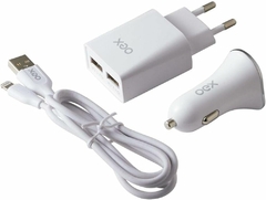 Kit 3 em 1 Oex Lightning - Carregador Veicular, 2 USB + Cabo Lightning + Carregador de Tomada, 2 USB, Branco - KV101