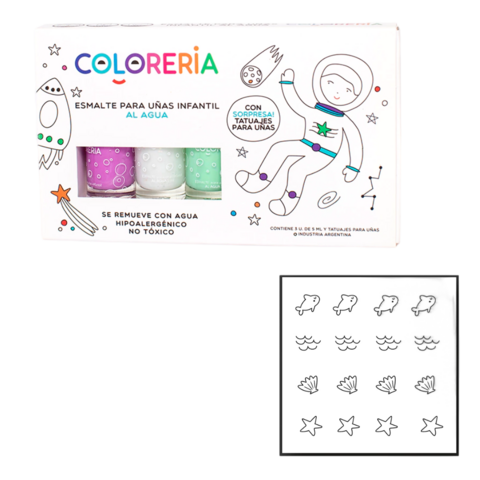 Set De Esmaltes al agua X3 + Tatuajes Lavables Infantil Coloreria - comprar online