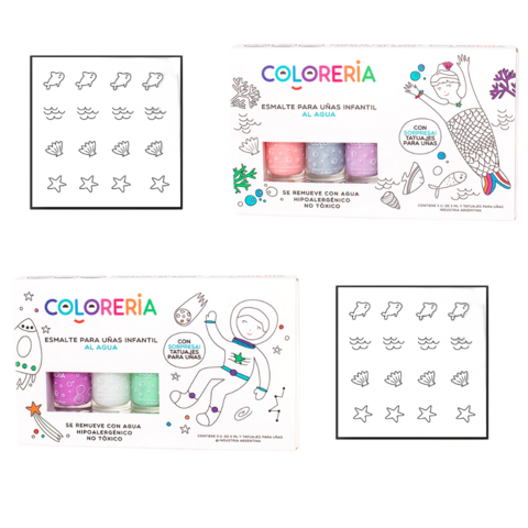 Set De Esmaltes al agua X3 + Tatuajes Lavables Infantil Coloreria