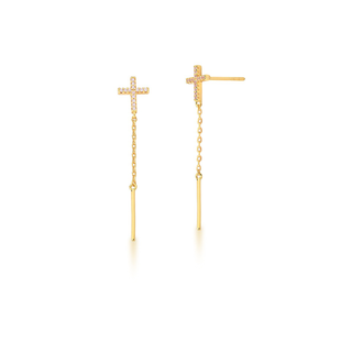 Brinco pequeno de cruz com cristal rosa e fio folheado em ouro 18k - comprar online