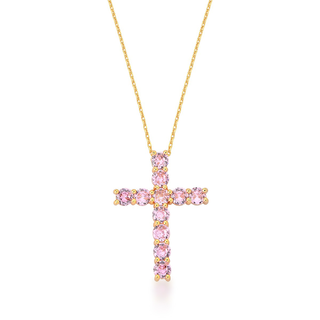 Colar fashion com cruz de cristal morganita folheado em ouro 18k