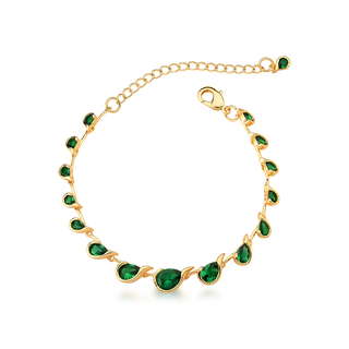 Pulseira dourada com gotas de cristal esmeralda folheada em ouro 18k