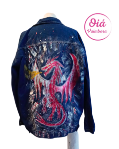 Campera de Jean pintada a mano con Dragón y Runas Oiá Vaimbora XL