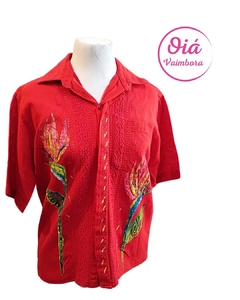 Camisa Guayabera flor pájaro, rojo L