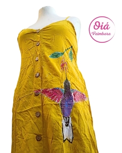 Vestido Visitación colibrí con su flor, amarillo cúrcuma abarca hasta L