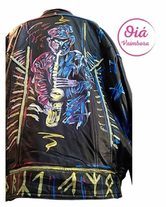 Campera de Cuero pintada a mano con saxofonista de Jazz Oiá Vaimbora - tienda online