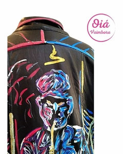 Campera de Cuero pintada a mano con saxofonista de Jazz Oiá Vaimbora