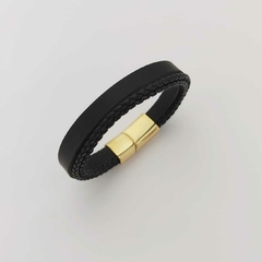 Pulseira Couro Preto Trançado/Liso