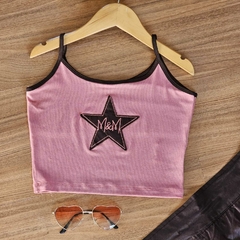 Blusa Regata Estrela Bordada Cropped Rosa