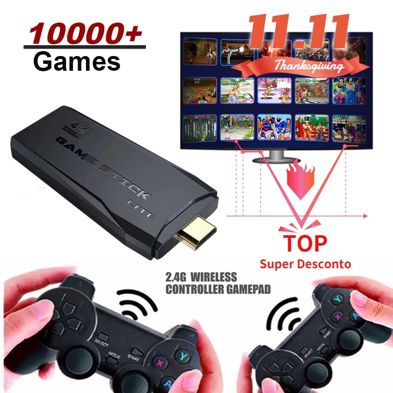 Game Stick 4k hd console de videogame 64g 10000 jogos para ps1/fc/gba  controle sem fio