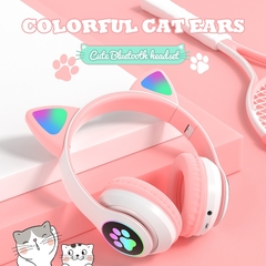 Qearfun Fone de ouvido sem fio, Fone Bluetooth RGB fone gamer para celular phone, bonito orelhas de gato fone gamer com microfone, pode controlar led, criança menina música estéreo fone presente, armazém local espanha - TUDO PRA MULTIMIDIA