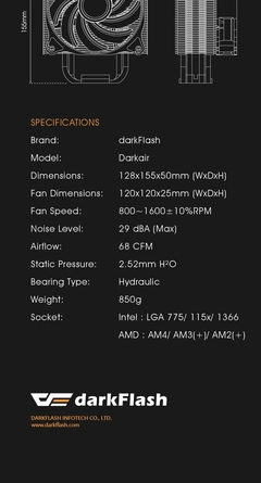 Darkflash 4 heatpipes argb cpu cooler radiador silencioso pwm 4pin 250w para intel lga 1150 1151 1155 1200 1366 amd am4 ventilador