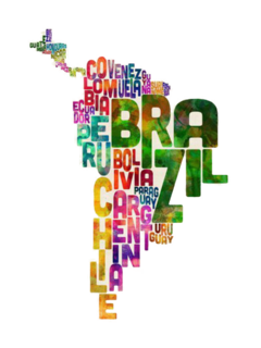 Imagem estilizada da América do Sul com o nome "Brasil" em destaque, rodeado por nomes de outros países da região.