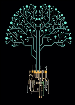 Desenho de uma árvore cibernética com raízes de circuito, em uma camisa preta.