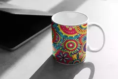 Caneca branca com estampas coloridas de mandala, destacando formas circulares e detalhes vibrantes.