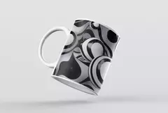 Caneca com design abstrato em preto e branco, apresentando formas circulares e onduladas.