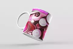 Caneca branca com design abstrato em cores rosa e marrom, apresentando formas circulares.