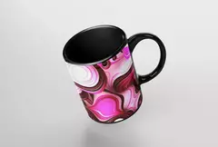 Caneca moderna com design abstrato em tons de rosa e preto.