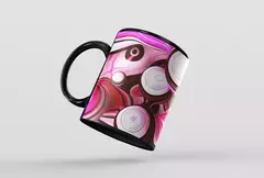 Caneca moderna com design abstrato em tons de rosa e preto, apresentando bolas estilizadas.