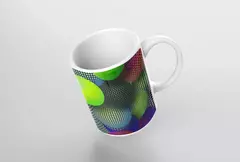 Caneca com design moderno de bolas abstratas em várias cores vibrantes.