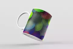 Caneca branca com design moderno de bolas coloridas e padrões abstratos.