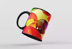 Caneca moderna com design de bolas coloridas em fundo amarelo, modelo 6.