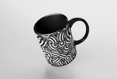 Caneca preta com design abstrato de bolas em branco e preto, ideal para decoração moderna.