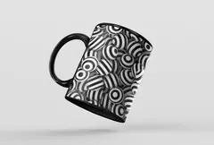 Caneca preta com padrão de bolinhas abstratas em preto e branco, ideal para decoração moderna.