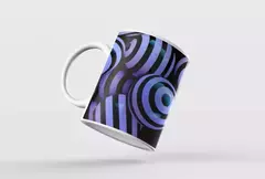 Caneca com design de bolas abstratas em tons de azul e preto, ideal para decoração moderna.