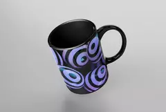 Caneca preta com design abstrato de bolas em tons de azul e lilás.