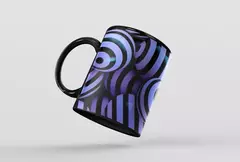 Caneca com design moderno de bolas abstratas em preto e azul, com alça preta.