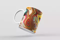 Caneca branca com design moderno de bolas coloridas e abstratas.