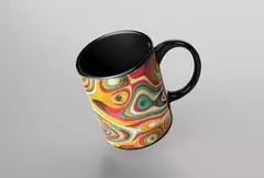 Caneca moderna com design abstrato colorido e fundo preto.