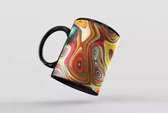 Caneca com design de bolas abstratas em cores vibrantes, com alça preta.