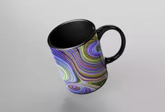 Caneca com design de bolas abstratas em tons de azul, verde e roxo, com interior preto.