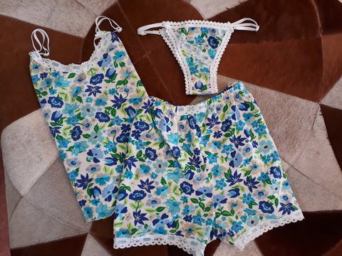 B 009 Short + Top + Tanga de jersey de algodon estampado