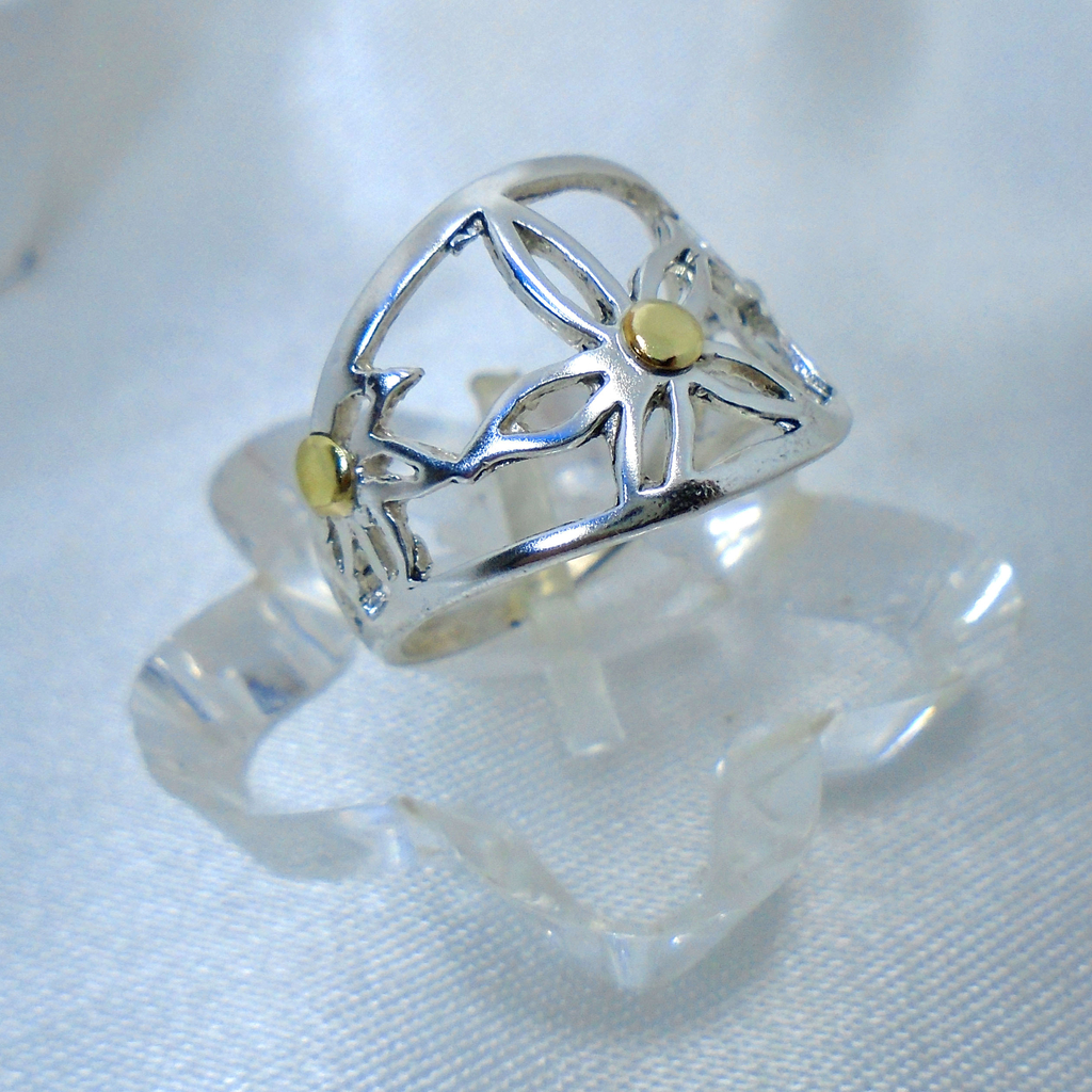 AN 330 Anillo Plata con Oro calado flores