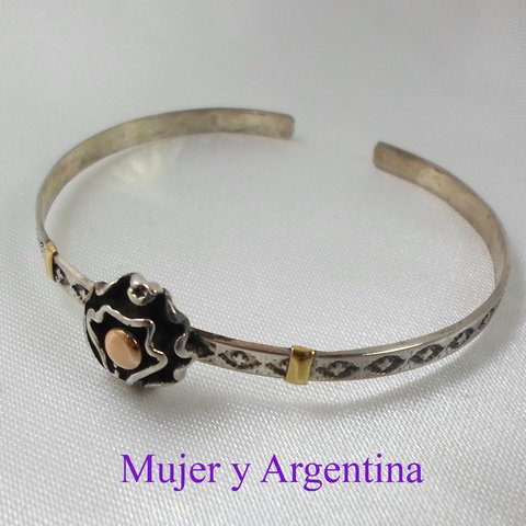 E005 Pulsera Plata con Oro Esclava abierta con dije rosita rococo