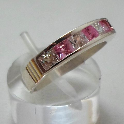 AN 067 Anillo Plata con Oro estilo medio sin fin con cubic rosa /blanco