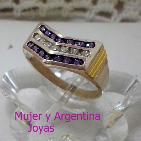 AN 180 Anillo Plata con Oro con tres filas de piedras cubics. Varios colores