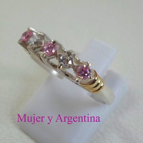 AN 212 Anillo Plata con Oro con piedras cubics blanco y rosa