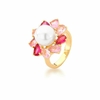 Anel flor de pérola com zircônias rosa banhado a ouro 18k