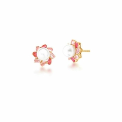 Brinco flor de pérola com zircônias rosa banhado a ouro 18k