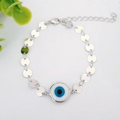 Pulseira de chapinha e olho grego banhada em ródio branco - comprar online