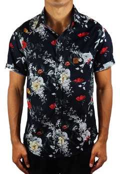 Camisa Estampada Camaleão Urbano Floral Rosas Azul